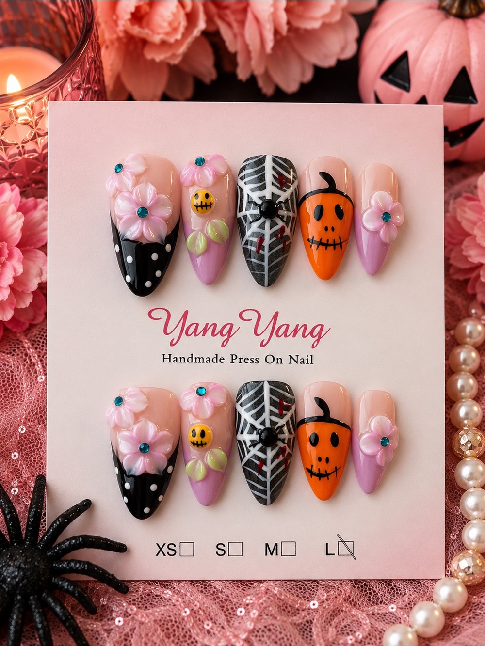 🎃 Pink Floral Halloween Spider & Pumpkin Press-On Nails 🕷️🌸